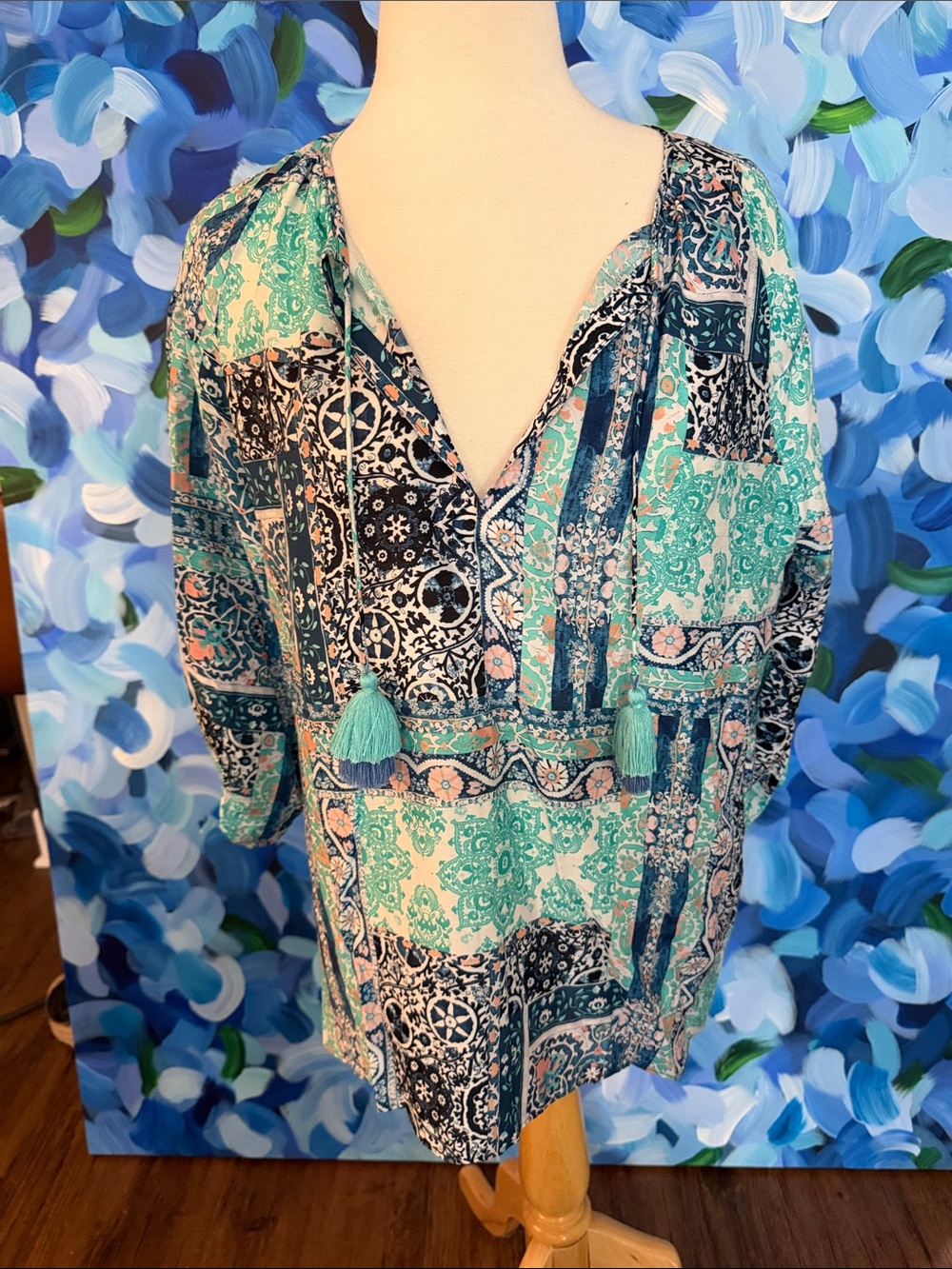 Seafolly blouse Tassel V-Neck Tunic in Aqua & Navy medium